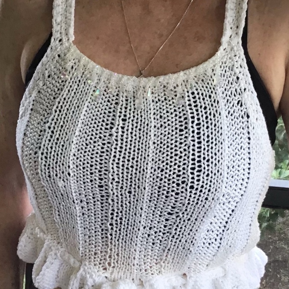 Crop Top Hand Crafted Crochet Halter White Ribbed Tank Boho Ruffle Crystals - Picture 12 of 16